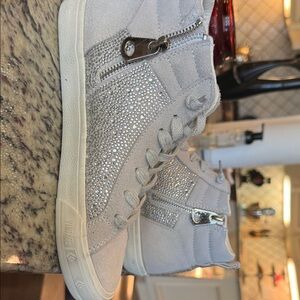 Vintage Havana Light Gray Rhinestone High-Top Sneakers with Side Zip